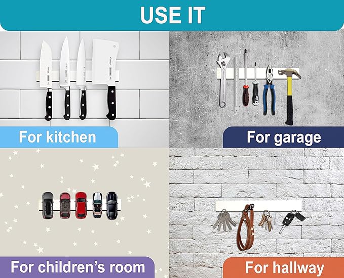 10 Inch White Magnetic Knife Holder for Wall No Drilling Use as Magnetic Knife Strip - Magnetic Knife Bar - Wall Kitchen Knife Magnetic Holder