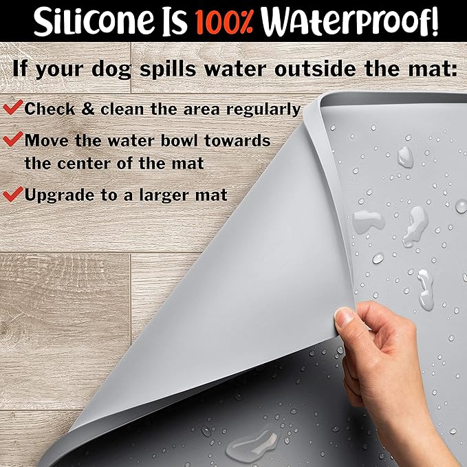 DogBuddy Dog Food Mat – Waterproof Dog Bowl Mat for Food and Water, Silicone Pet Feeding Mats for Floors, Non-Slip Placemat with High Edges for Dogs Bowls, Puppy Essentials (Large: 24"x16", Mist)