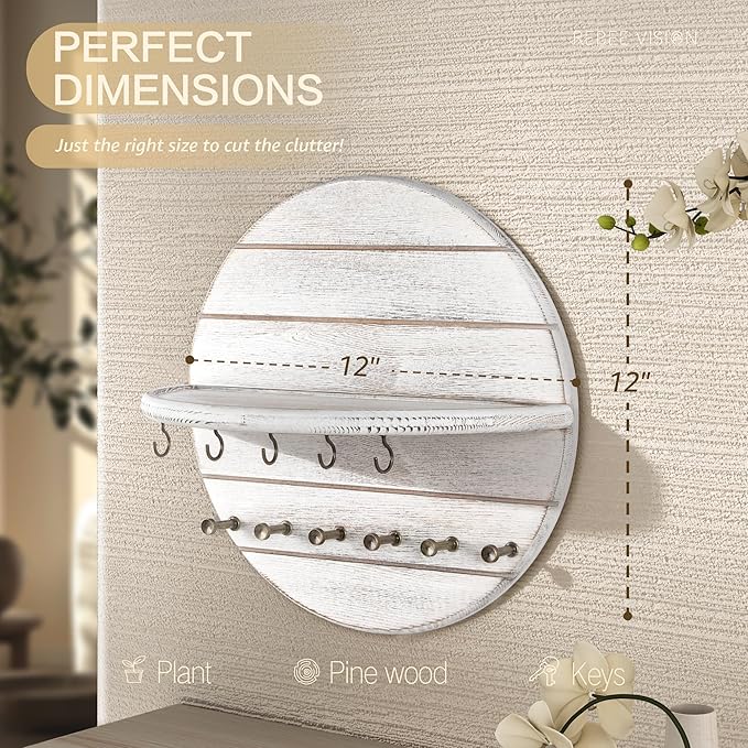 Rebee Vision Pine Wood Key Holder Wall Mount - 12 Inch Decorative Key Holder for Wall with Shelf and 11 Hooks - Farmhouse Mail Organizer for Apartment Essentials & Home Decor (Old White)