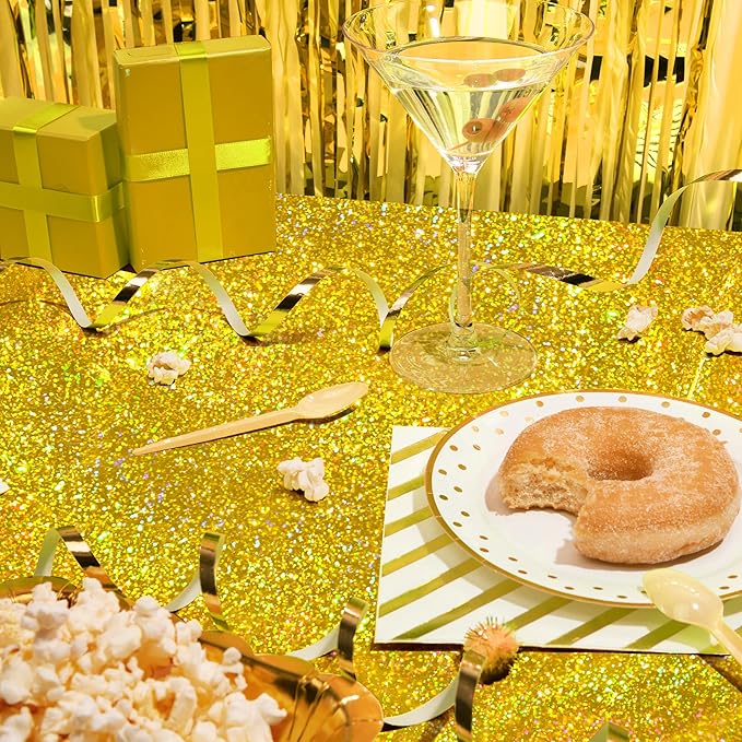 Just Shimmer Sparkling Holographic Laser Tablecloth - Shimmering, Waterproof, Easy to Clean - Ideal for Bachelorette, Mermaid, Birthday, Wedding, and Anniversary Party Decorations (Gold & Silver, 2)
