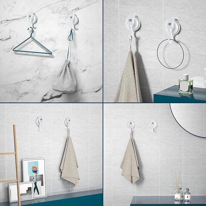 Heavy Duty Vacuum Suction Cup Hooks, White Plated Polished Super Suction for Kitchen Bathroom, 2 Pack