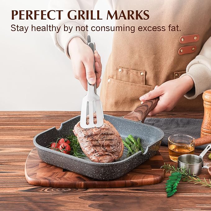 SENSARTE Nonstick Grill Pan with Lid, Grill Pan for Stove Tops, Versatile Griddle Pan with Pour Spouts, Square Grill Pan for Big Cooking Surface, Grill Skillet for Indoor Outdoor Grilling. PFOA Free
