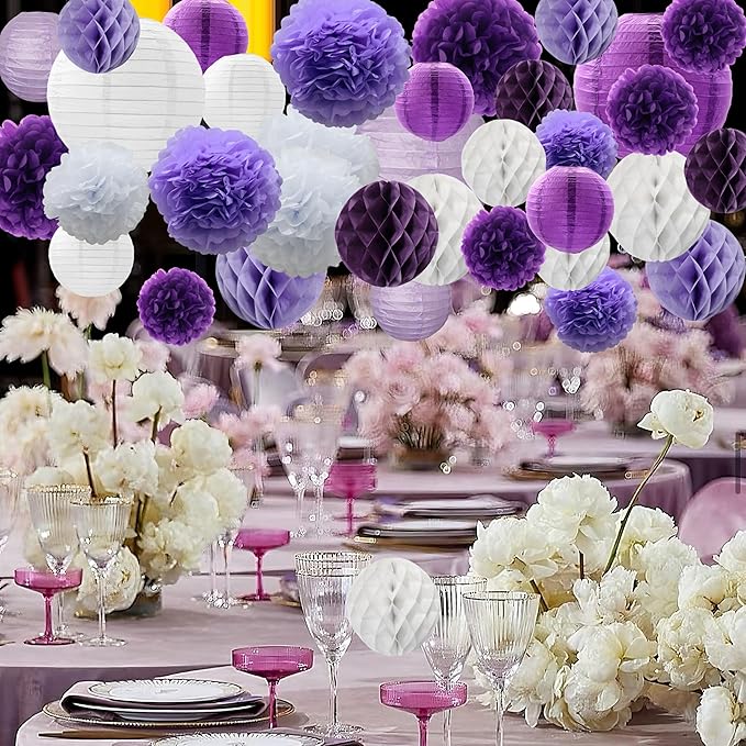 WOLHOWLTD Lavender White Paper Decoration Set - 33Pcs Paper Lanterns Pompoms Honeycomb for Wedding,Engagement,Mermaid Theme,Mother's Day,Bridal Shower,Birthday Home Garden Decoration(Purple White)