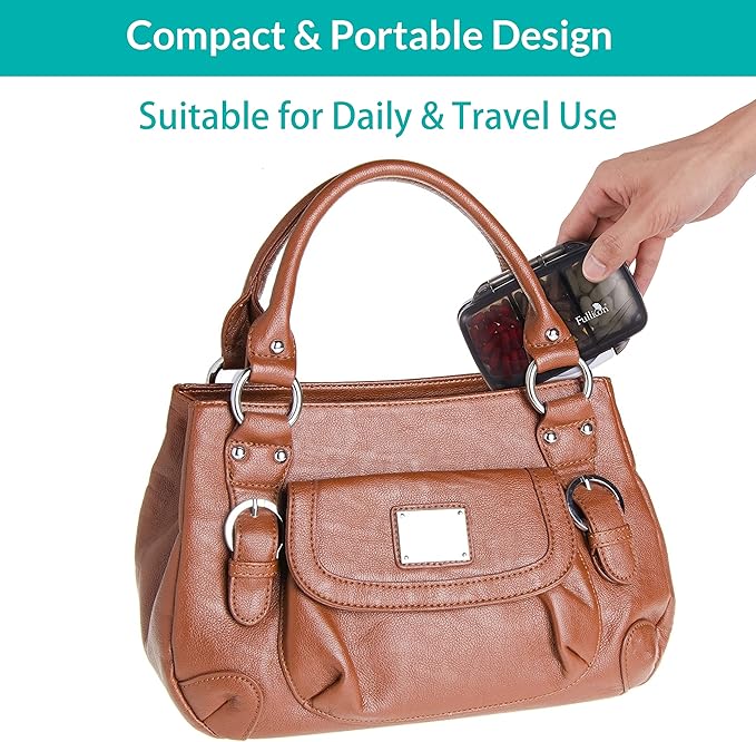 Fullicon Portable Pill Organizer Weekly, Small Travel Pill Case with 7 Compartment, Moistureproof and Airtight Pill Box, Travel Pill Holder for Vitamins/Fish Oils/Supplements