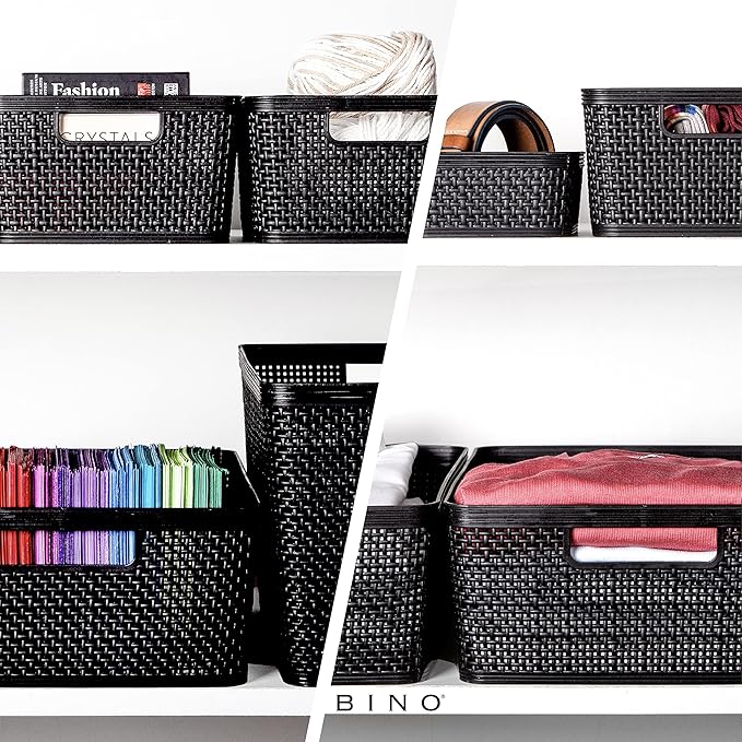 BINO | Woven Plastic Basket | Large (Black), 3-Pack | THE JUTE COLLECTION | Home Organization, Space-Saving Storage, Stylish Design | Jute Basket | Plastic Storage Basket