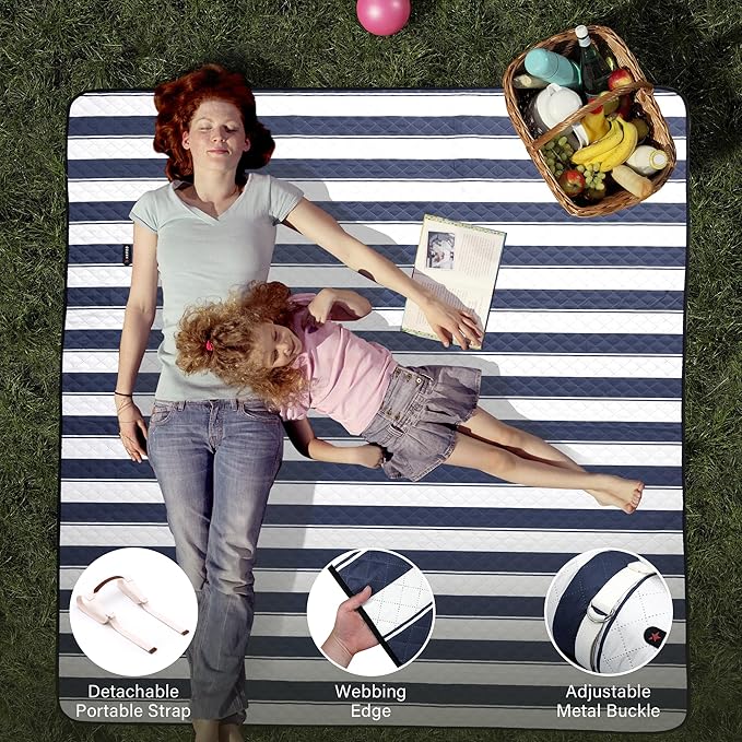 HX&OD Outdoor Picnic Blanket Extra Large, 80”x80” Waterproof Picnic Mat Foldable Camping Blanket Portable with Carry Strap for Beach Mat (Blue)
