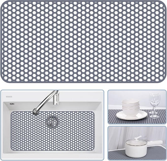 Silicone Sink Protectors for Kitchen Sink - 28.4"x 14.3" Kitchen Protector Mat Accessory, Non-Slip Heat Resistant Mat for Bottom of Farmhouse Porcelain Stainless Steel, Dishwasher Safe (Gray)