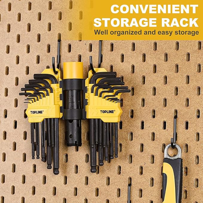 Topline 27-Piece Long Arm Allen Wrench Set with Ball End, SAE, Metric Hex Key Set Included, Hex L-Key Set, Portable Allen Key Set With Storage Rack for Basic Home Repair and General Applications