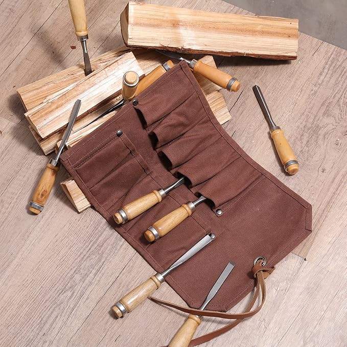 Tool Roll Up Bag with 10 Staggered Tool Pockets, Portable Carry Small Wrench Roll Up Pouch (Brown)