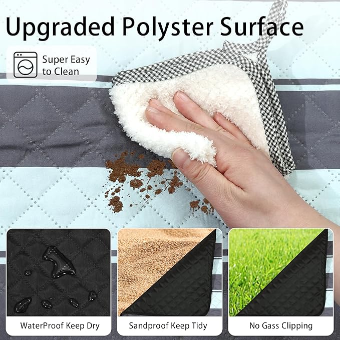 HX&OD Extra Large Picnic Outdoor Blanket, 80”x60” Waterproof Picnic Mat Foldable Camping Blanket Portable with Carry Strap for Beach Mat Outdoor Camping Party (Grey&Green)