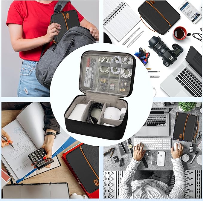 Electronics Organizer, Travel Cord Organizer Pouch, Portable Cable Organizer Bags, Waterproof Electronic Accessories Storage Case for Cables, Cords, Charger, Phone (Double Layer-Black)