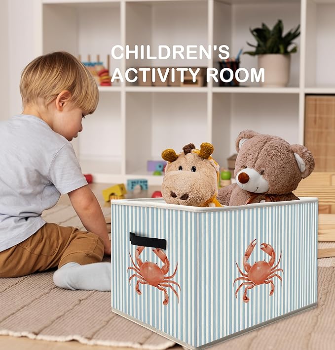 Blue Coastal Beach Crab Storage Bins Box with Handles, Blue Striped Ocean Crab Collapsible Fabric Storage Basket Box Organizer for Bedroom Bathroom Clothes Toys Books