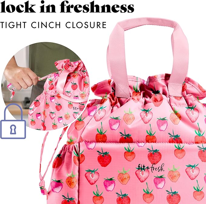 Fit & Fresh Cromwell Drawstring Lunch Bag for Women, Complete Lunch Set with 2 Containers, Stain-Resistant, Leak-Resistant, Back to School Essential, Teacher Lunchbox, Pink Strawberries