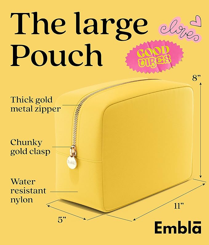 Embla Makeup Bag Travel Cosmetics Pouch and Toiletry Bag, Nylon Zipper Pouch Purse, Cute Make Up Organizer Storage Tote for Women Girls, Waterproof Travel Skincare Case, Large Makeup Bags, Lemon