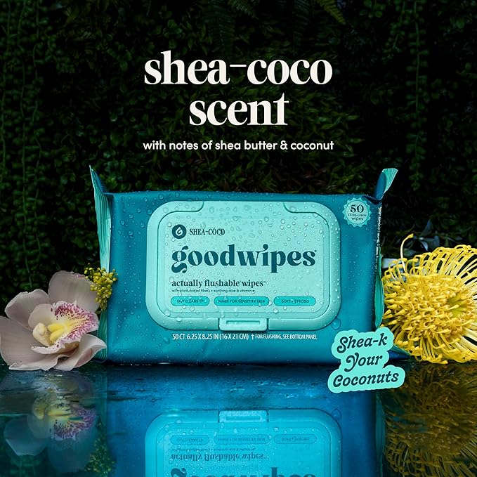 goodwipes Flushable Wipes - Shea-Coco Wet Wipes for Adults, Sewer & Septic Safe, Guest Bathroom Essentials for Women & Men, pH Balanced & Extra Large, 153 Count (3 Packs and 3 Singles)