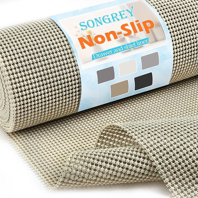 Songrey Non-Adhesive Drawer and Shelf Liner, Non Slip Cabinet Liners, Protect Kitchen Cupboard, Bathroom Drawers, Breathable, Thick Strong Grip mat (17.5IN x 20FT, Beige)