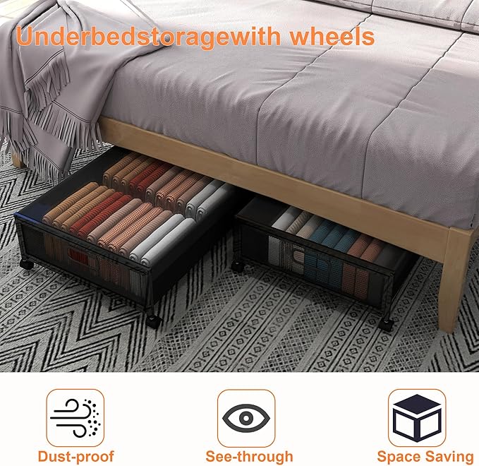 QUELIEN Under Bed Storage with Wheels – Large Rolling Underbed Storage Containers and Drawers, Shoe Organizer Box for Clothes, Toys, Blankets (Black, 1 Pack)