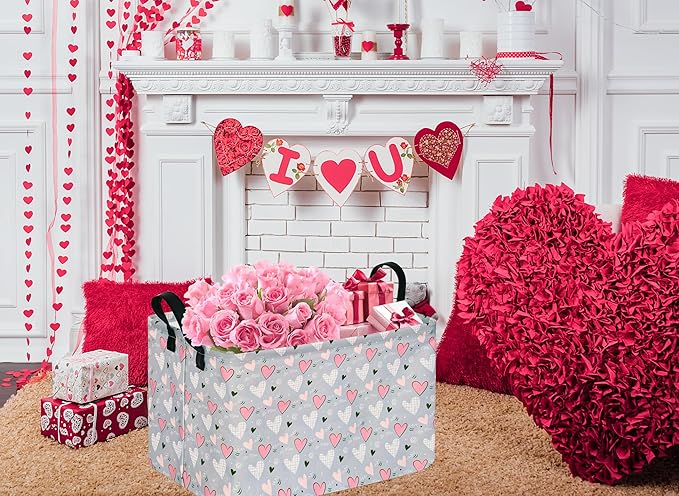 Rec Heart Print Box Hamper Storage Basket Collapsible Organizer Bin Gift Shelf Baskets for Home and Kitchen Storage