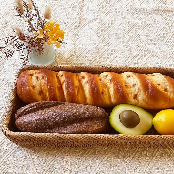 i-lan 14-Inch Rattan Bathroom Tray Organizer – Long Narrow Wicker Basket for Toilet Tank, Hand Towel Storage & Countertop, Boho Serving Tray for Bread, Vanity or Home Decor