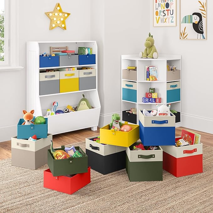 RiverRidge Kids 6pc Folding Storage Bins Set - 10.5”W x 5”H Fabric Boxes with Handles for Closet Organizers and Storage - Turquoise Cube Storage Organizer for Toys, Clothes & Crafts - Fits Shelves