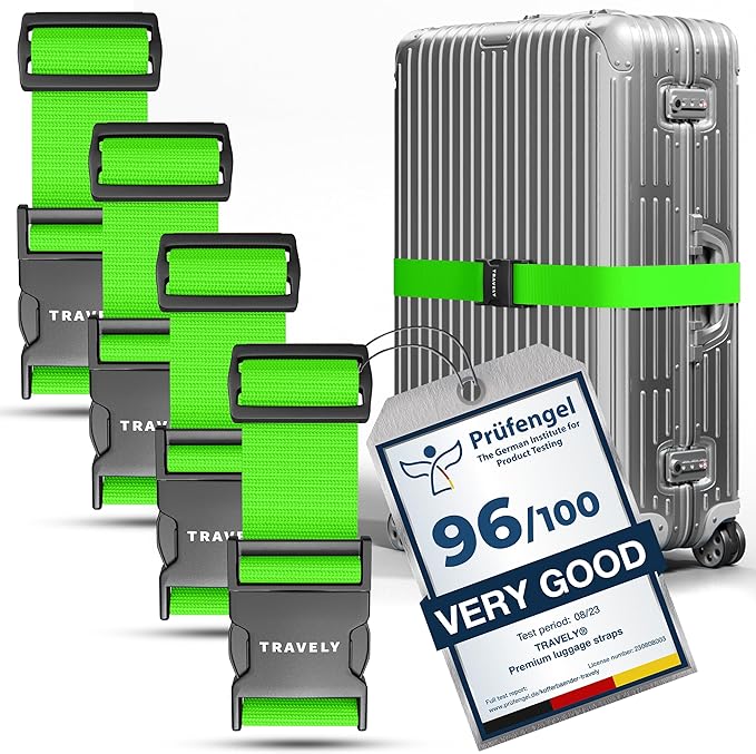 TRAVELY Luggage Straps - Particularly conspicuous & Secure - Incl. 4 Name Tags - Luggage Strap Ideal crosswise - [Set of 4]