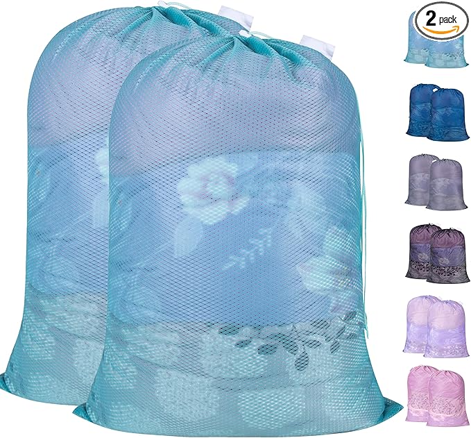 Polecasa Heavy Duty Large Mesh Laundry Bags with ID Tag and Locking Drawstring Closure - 2 Pack, 24 x 36 inches - Laundry Hamper Liner, Washable Laundry Bag for Travel, Sports, Dorms (Aqua)