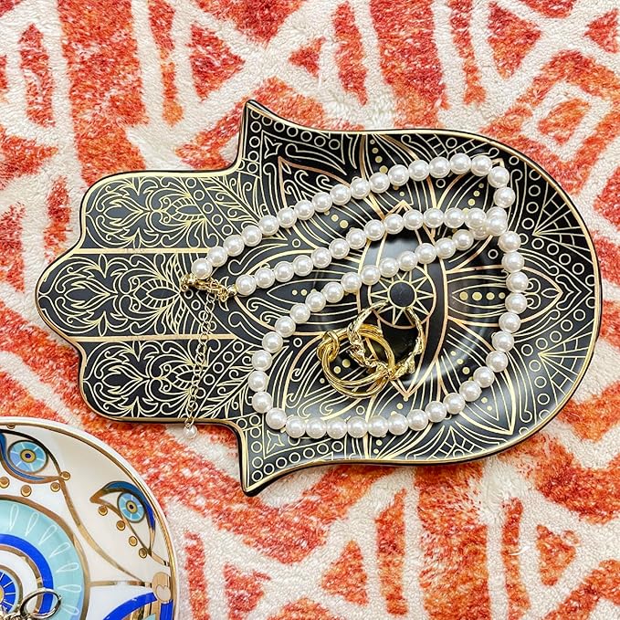 Exquisite Small Ceramic Jewelry Tray - Trinket Dish Evil Eye Decor, Gold Plate Ring Holder, Modern Boho Home Essentials, Perfume Organizer, Witchy, Aesthetic Room Decor (Black Hamsa)