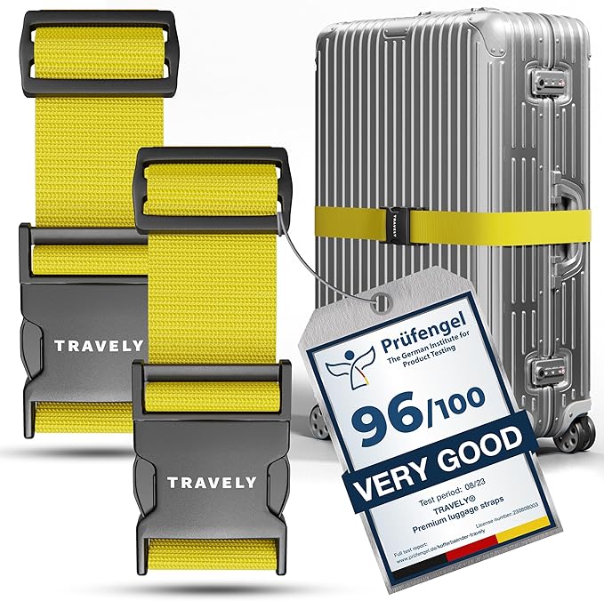 TRAVELY Luggage Straps - Particularly conspicuous & Secure - Incl. 2 Name Tags - Luggage Strap Ideal crosswise - [Set of 2]