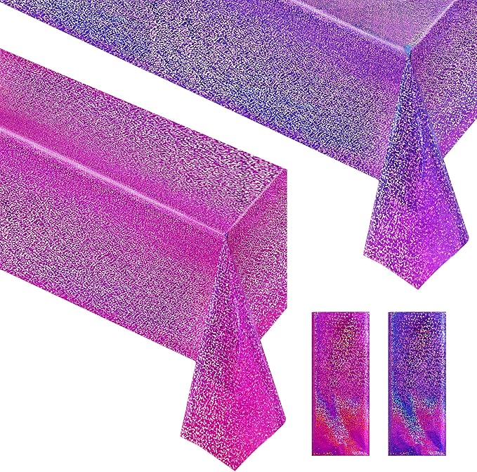 Purple & Fuchsia Red Holographic Tablecloth 40" x 108" Hot Pink Party Decoration Valentine's Day Birthday Party Table Decor Iridescence Plastic Table Cloth for Halloween Bachelorette Supplies