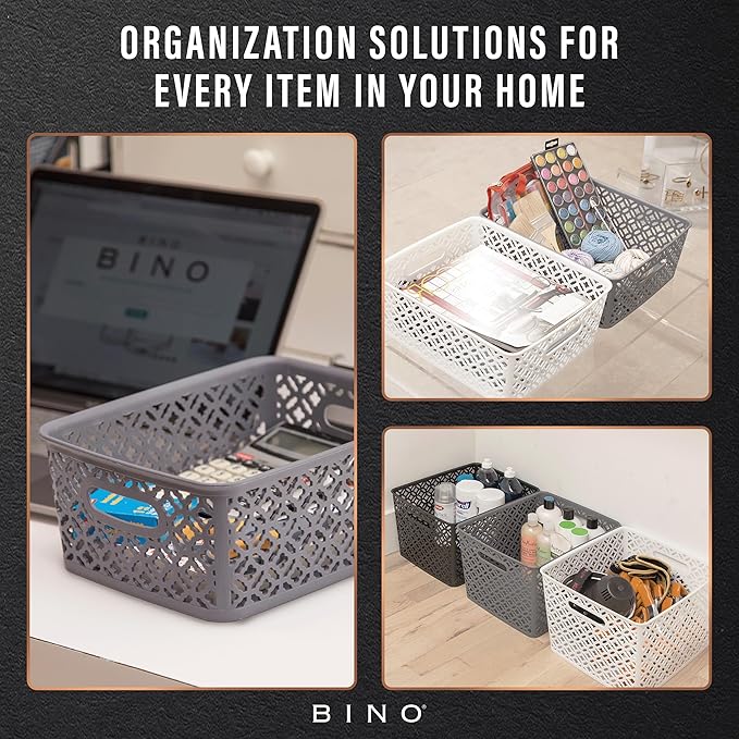 BINO l Plastic Storage Baskets, Large - Grey l THE BLOSSOM COLLECTION l Multi-Use Organizer Bin l Built-in Handles l Plastic Woven Basket for Organizing l Pantry & Home Organizing Basket