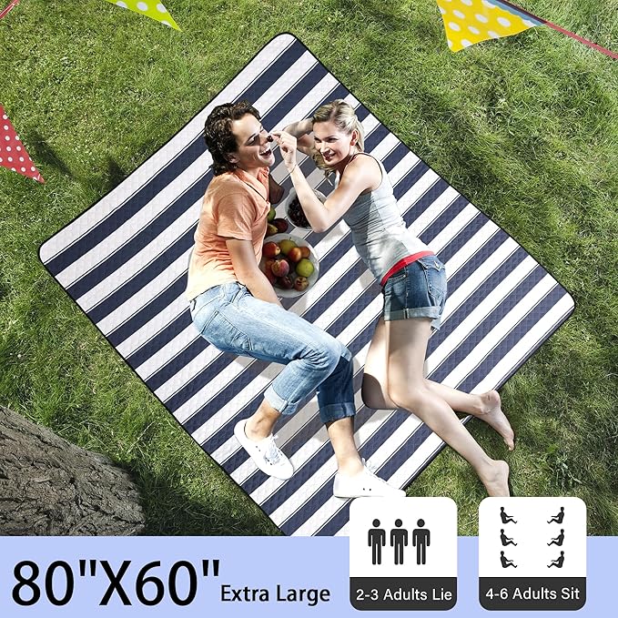 HX&OD Outdoor Picnic Blanket Extra Large, 80”x60” Waterproof Picnic Mat Foldable Camping Blanket Portable with Carry Strap for Beach Mat (Blue)
