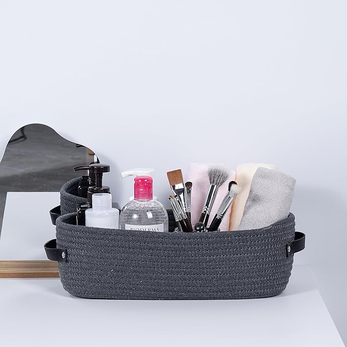 Cotton Rope Toilet Paper Holder Basket with Handle, Home Decor Organizing Small Baskets, Nursery Basket 13"x5.9"x4" Dark Gray