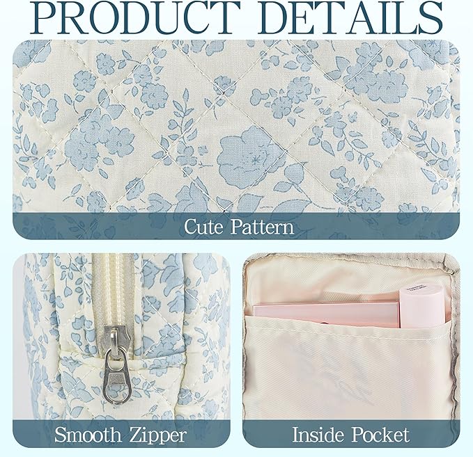 Small Floral Quilted Makeup Bag, Coquette Aesthetic Travel Toiletry Organizer for Women, Lightweight Cotton Cosmetic Pouch