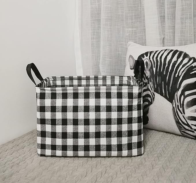 KUNRO Rectang Storage Basket Gift Shelf Basket Storage Bin, Nursery Basket Organizer Box for With Handles for Room Deco(Black grid)