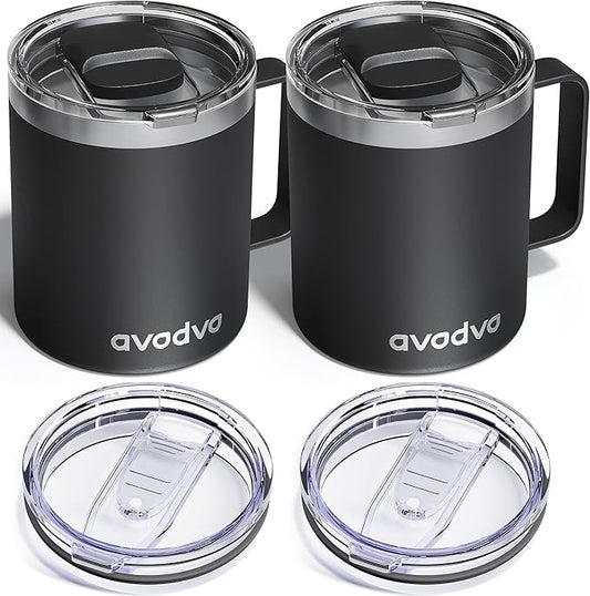 2 Pack 12oz Insulated Coffee Mug with Lids – Double Wall Stainless Steel Travel Cups with Handle, Keep Hot & Cold Drinks, Ideal Gift for Coffee Lovers, Home, Office & Camping, Black