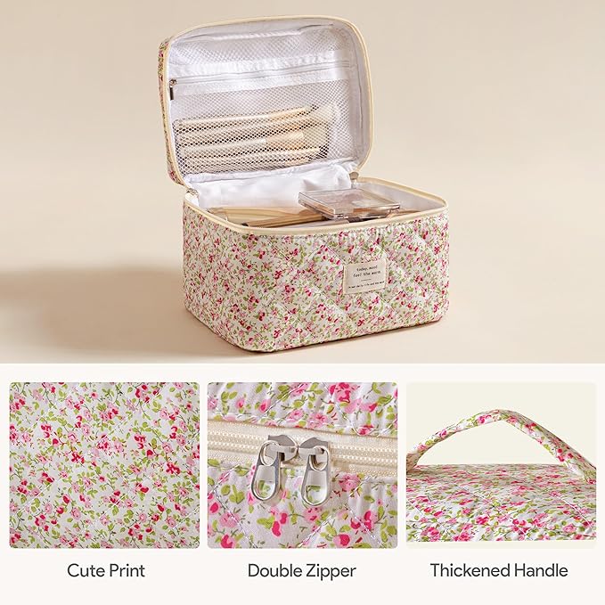 HBselect Quilted Makeup Bag, 3PCS Cotton Large Travel Makeup Bag, Cute Floral Coquette Make up Bag Cosmetic Bag Toiletry Bag for Women Girls