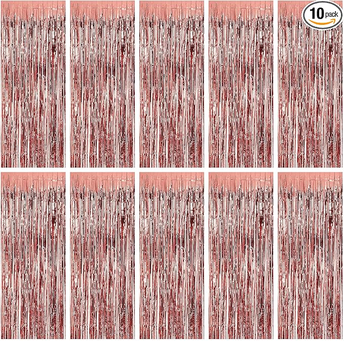10 Pack Rose Gold Backdrop Curtain 3.2ft x 8.2ft Metallic Tinsel Foil Fringe Curtains Photo Booth Background for Birthday Party Decoration Baby Shower Engagement Wedding Christmas Decoration