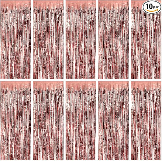 10 Pack Rose Gold Backdrop Curtain 3.2ft x 8.2ft Metallic Tinsel Foil Fringe Curtains Photo Booth Background for Birthday Party Decoration Baby Shower Engagement Wedding Christmas Decoration