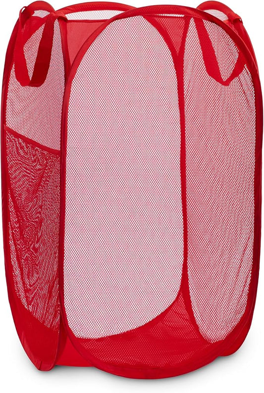Handy Laundry Collapsible Mesh Pop Up Laundry Hamper with Side Pocket – Breathable, Space-Saving, Durable Basket for Clothes, Toys, Travel & Storage, 14 x 13 x 24 in, Red