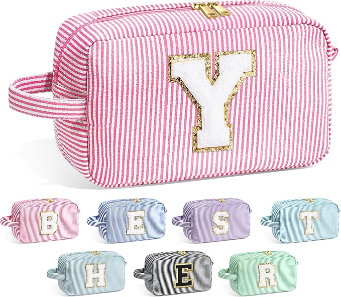 YOOLIFE Travel Cosmetic Bag - Monogram Cute Initial Pink Makeup Bag Toiletry Pouch Make-Up Case, Personalized Birthday Gifts for Best Friend, Sister, Teacher