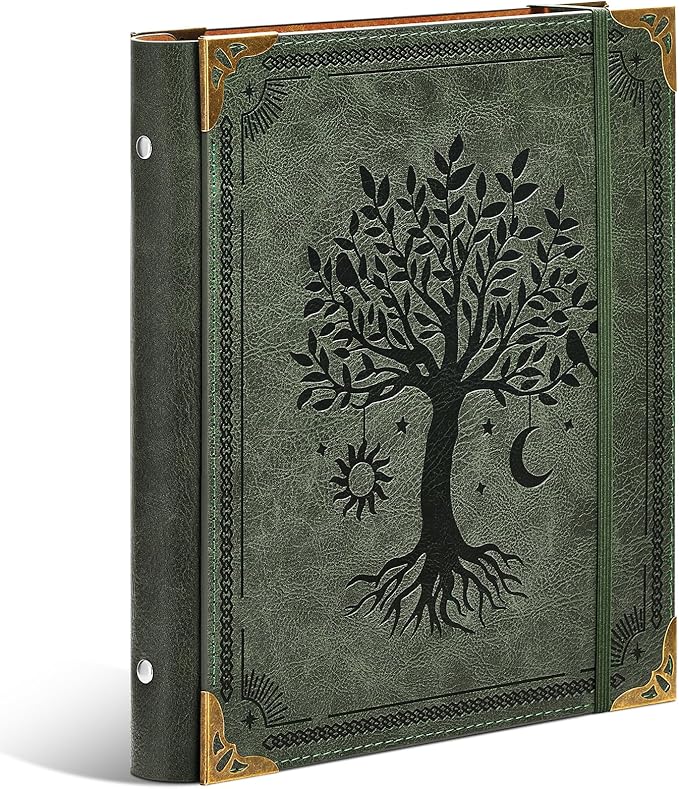 Ovesmusl PU Leather Mini 3 Ring Binder Fits 5.5" X 8.5" A5 Paper, 1 Inch Round Ring Binder Holds 200 Sheets, Notepad Paper Cover Loose Leaf Organizer, Green Tree of Life
