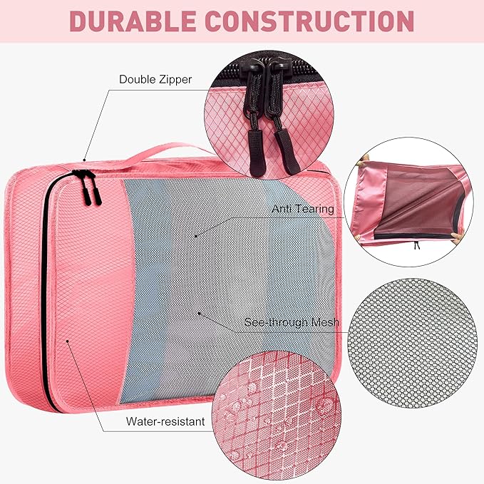Packing Cubes for Travel, 8-Piece Mesh Holographic Stripe Mesh Luggage Organizers with Shoe Bag, Toiletry Bag, Laundry Pouches, 4-Sizes set for Suitcase Organization, Men Women Kids, Pink