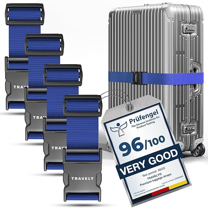 TRAVELY Luggage Straps - Particularly conspicuous & Secure - Incl. 4 Name Tags - Luggage Strap Ideal crosswise - [Set of 4]