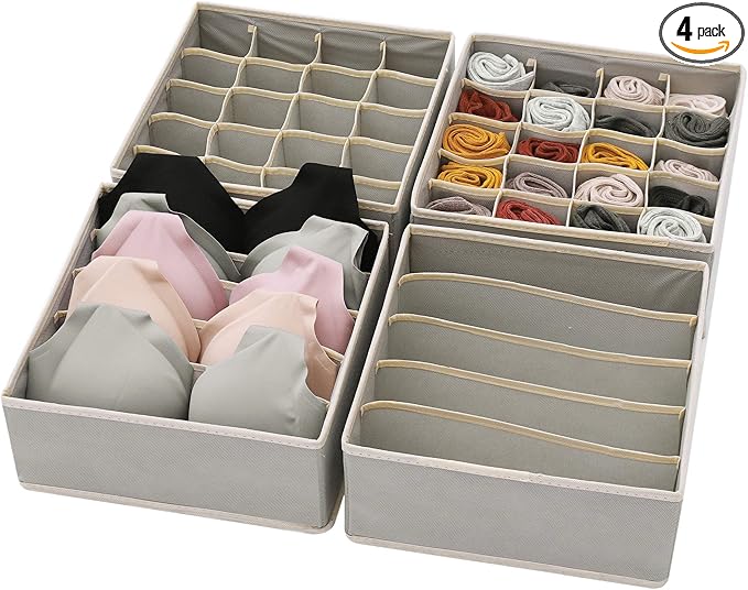 DIOMMELL Set of 4 Foldable Cloth Storage Box Closet Dresser Drawer Organizer Fabric Baskets Bins Containers Divider for Clothes Underwear Bras Socks Lingerie Clothing, Grey 22-0000