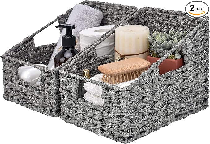 GRANNY SAYS Wicker Basket with Handles, Odorless Woven Trapezoid Basket Waterproof for Organizing, Decorative Storage Wicker Baskets for Storage Photo Books, Gray, 2-Pack