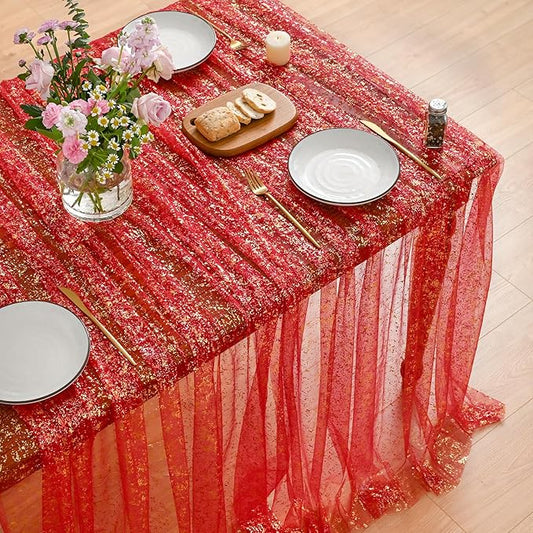 Horaldaily Red Gold Gauze Tablecloth 60x104 Inch Rectangular, Red Sequin Glitter Metallic Foil, Sheer Tulle Cheesecloth for Wedding Baby Shower Ceremony Birthday