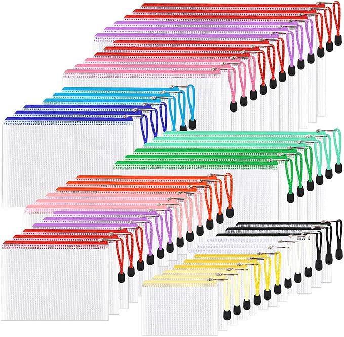 48pcs Mesh Zipper Pouch Bags, 8 Sizes Waterproof Plastic Zipper File Bags, 16 Colors,Multipurpose for Travel Storage, School Supplies, Office Appliances and Home Organizing,Multicolored