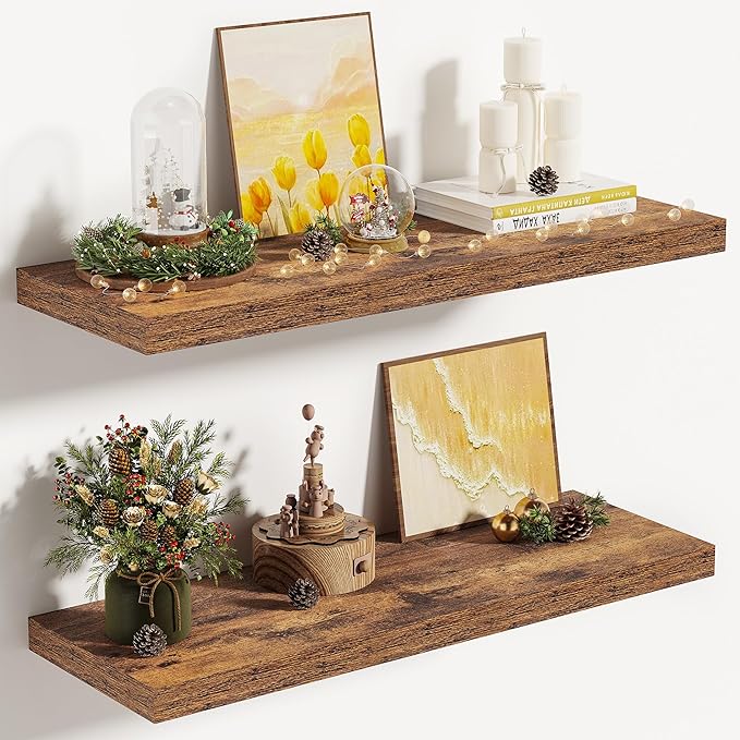 Vivelove 10 Inch Deep Floating Shelves 24 Inch Long, 24 x 10 Wide Wall Shelves with Invisible Brackets, for Bedroom Bathroom Living Room Kitchen Office, Farmhouse Home Decor, Set of 2, Rustic Brown