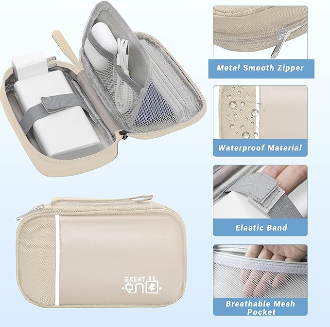 Electronics Organizer, Travel Cord Organizer Pouch, Portable Cable Organizer Bags, Waterproof Electronic Accessories Storage Case for Cables, Cords, Charger, Phone (Single Layer-Small-Beige)