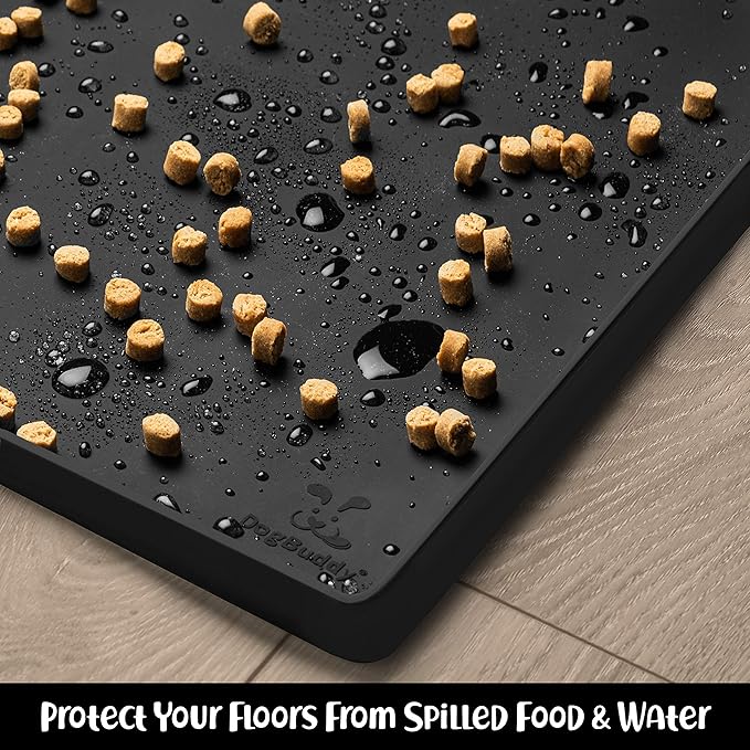 DogBuddy Dog Food Mat – Waterproof Dog Bowl Mat for Food and Water, Silicone Pet Feeding Mats for Floors, Non-Slip Placemat with High Edges for Dogs Bowls, Puppy Essentials (M: 21” x 14”, Black)